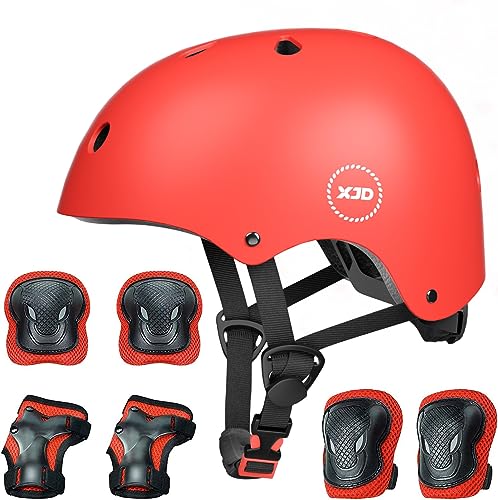 XJD Fahrradhelm Kinder Schoner Set(7er) Kinder Helm mit Knie- & Ellenbogen- & Handgelenkschützer Verstellbarer Schutz Jugend Skaterhelm für 3-13 Jahre