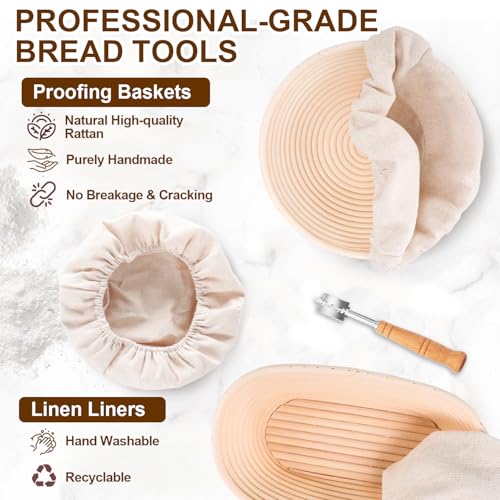 RIZENCE 21PCS Sourdough Starter Kit - Banneton Bread Proofing Basket Set, 9" Round & 10" Oval Proving Basket - 100% Natural Rattan - Complete Bread Making Accessories with Glass Sourdough Starter Jar