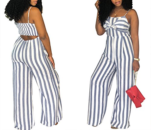 SheKiss Women's Sexy Spaghetti Strap Striped Tie Bowknot Long Pants Palazzo Jumpsuits Rompers Ladies Outfits Grey