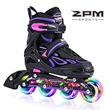 2pm Sports Vinal Girls Adjustable Flashing Inline Skates, All Wheels Light Up, Fun Illuminating Rollerblades for Kids and Ladies - Violet S