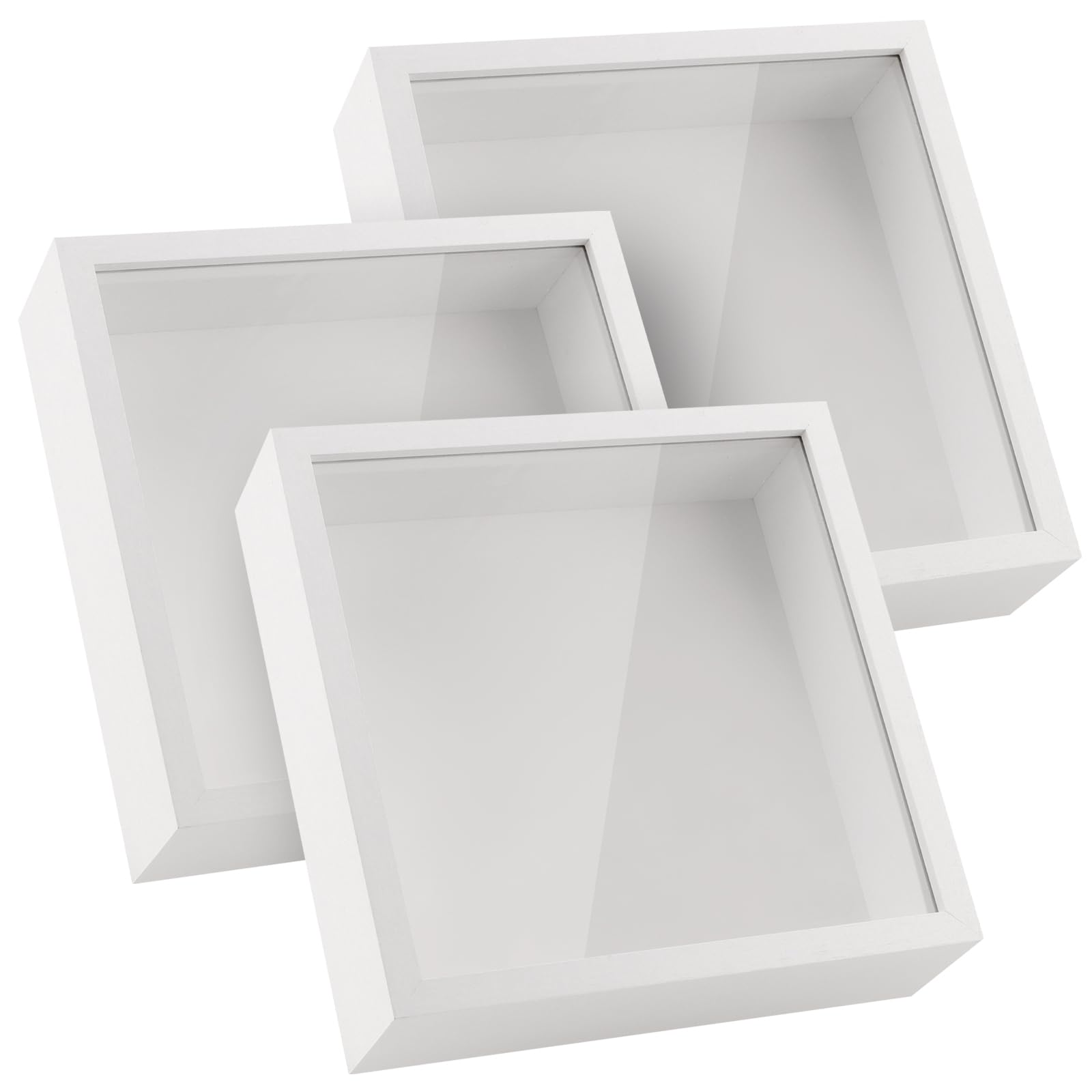 SEUNMUK 3 Pack 8 × 8 Inch White 3D Shadow Box, Wooden Deep Box Frame, Square Deep Display Picture Frame for Crafts, Anniversary, Wedding, Graduation