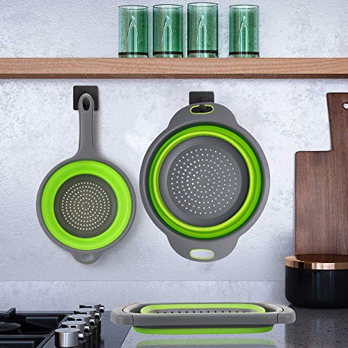 Huanlemai 3-Packs Green Silicone Kitchen Collapsible Colander Set - 6-Quart Square Over The Sink Colander + 4qt Round Veggies/Fruit Basket Strainers and Colanders +2qt Pasta Strainer With Handle