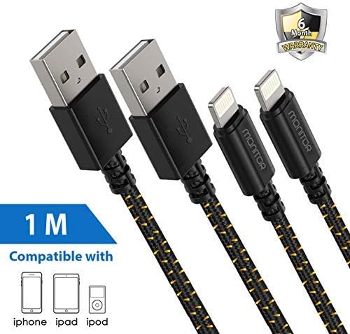 Monitor USB Charging Cable for iPhone, iPad, iPod [Pack of 2 Units, 1 Meter Nylon Braided Charging and Data Transfer iOS Cable] (6 Month Warranty) M2310PO2; Black (with Golden Lining)