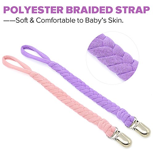 Pacifier Clips, Pack of 4 Teething Ring Holder for Babies, Soft Flexible Holder Leash for Pacifiers, Hand-Made Braided Baby Teething Soothie Band for Girls& Boys