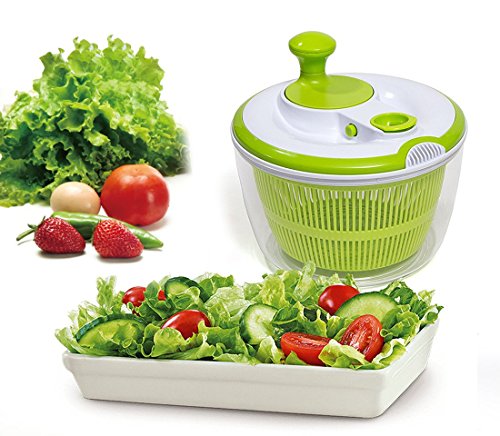 DenSan Multifunction Jumbo 4.5 Quart Salad Spinner, Manual Good Grips Vegetables Dryer Dry Off Drain Quick Filter Lettuce Spinner(Green)
