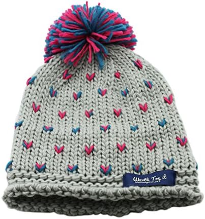 WORTHTRYIT Women's Handmade colorful Dotted Chunky Knitted Beanie Hat With Big Pom-Pom 16"-19"-Grey