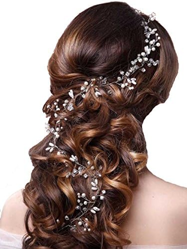 Bridal Wedding Headband, Moraner White Pearls Crystal Hair Vine Wedding Hairband + Hairpin (1 Meter)