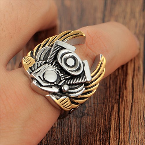 Oakky Men's Stainless Steel Biker Ring - Motorcycle Engine & Wings Design