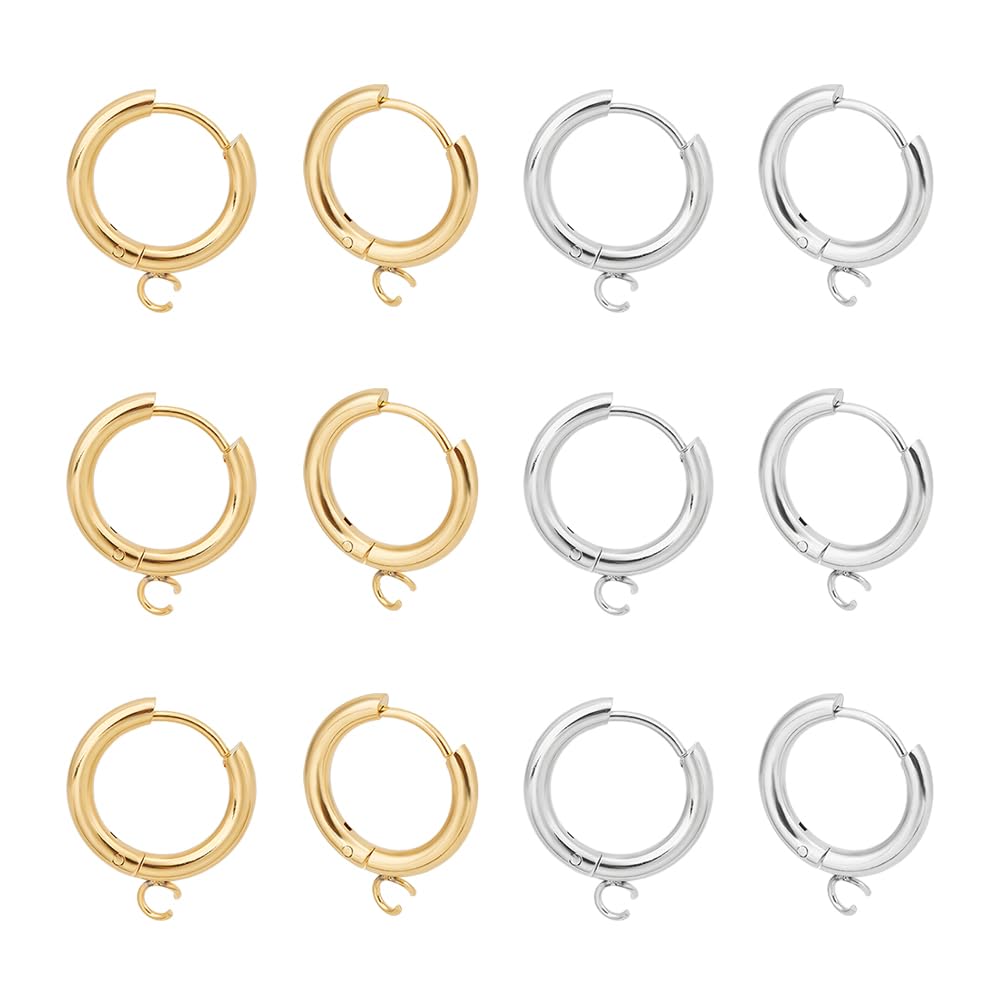 UNICRAFTALE 12pcs 2 Colors Stainless Steel Huggie Hoop Earring Findings Real Gold Plated Metal Hoops Earrings with Loop and Surgical Stainless Steel Pin Round Ring Earrings Hook for Earring Making