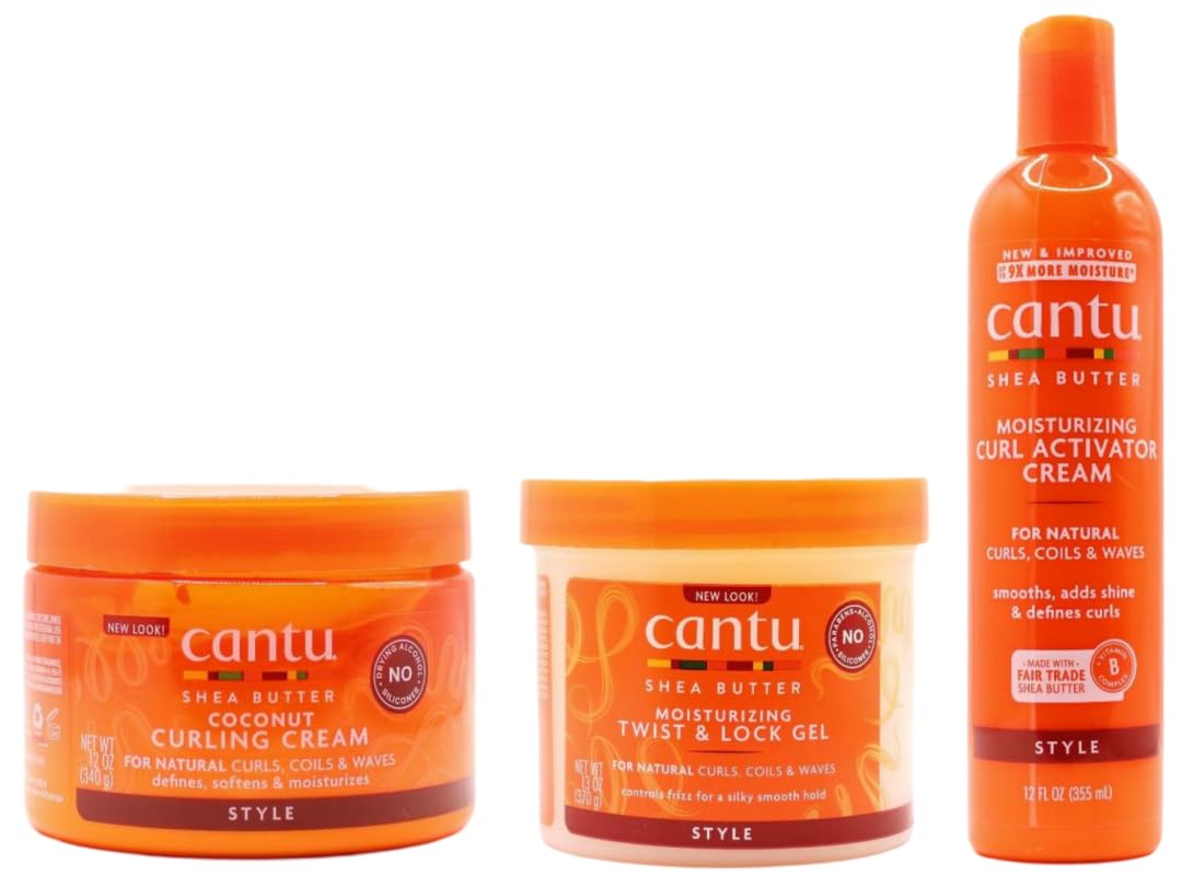 Cantu Shea Butter Moisturizing Twist & Lck Gel 13oz with Moisturizing Curl Activator Cream 12oz & Coconut Curling Cream 12oz
