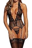 Ytwysj Womens Sexy Nightwear With G-String Set See-Through Black Deep V Neck Hollow Lace up Net Plunging Bustier Lingerie Set