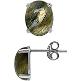 Silvershake 10X8mm Oval Shape Cabochon Birthstone Gemstones White Gold Plated or Yellow Gold Plated 925 Sterling Silver Business Attire Stud Post Earrings Jewelry for Women