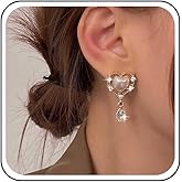 Erimberate Bohemian Teardrop Crystal Dangle Earrings Gold Cz Pearl Heart Earrings Small Heart Pearl Stud Earrings Retro Rhinestone Oval Drop Earrings Jewelry for Women