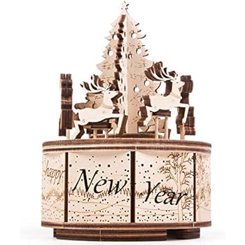 Wood Trick Music Box Santa's Carousel Model Kit - Carol of The Bells Beautiful Melody - Very Sturdy and Ecological - 6x4″ - Rotating - 3D Wooden Puzzle