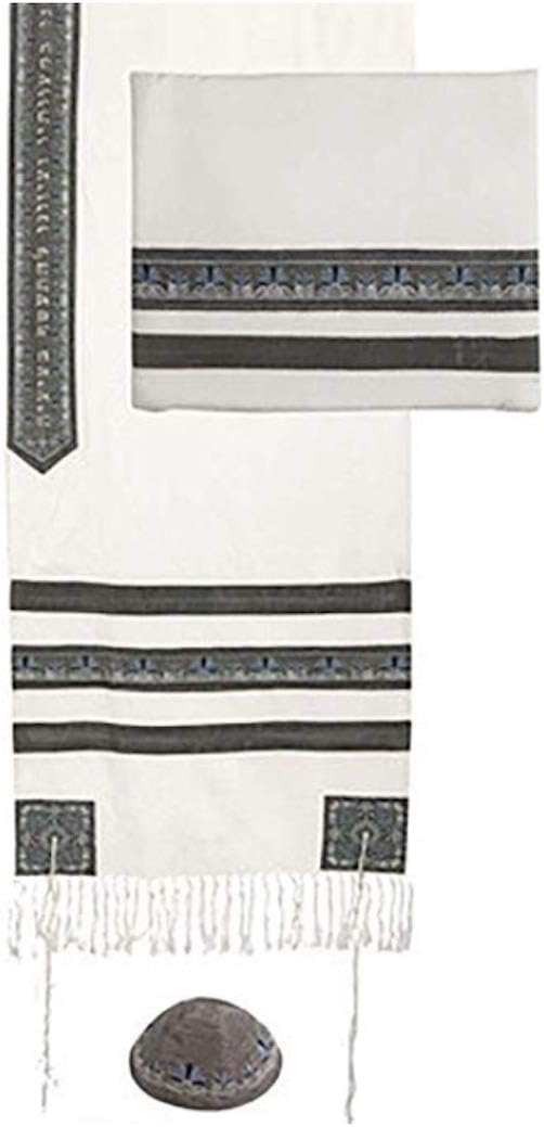 Yair EmanuelGrey Stripes Embroidered Cotton Tallit Set with Kippah 20" W X 75" L