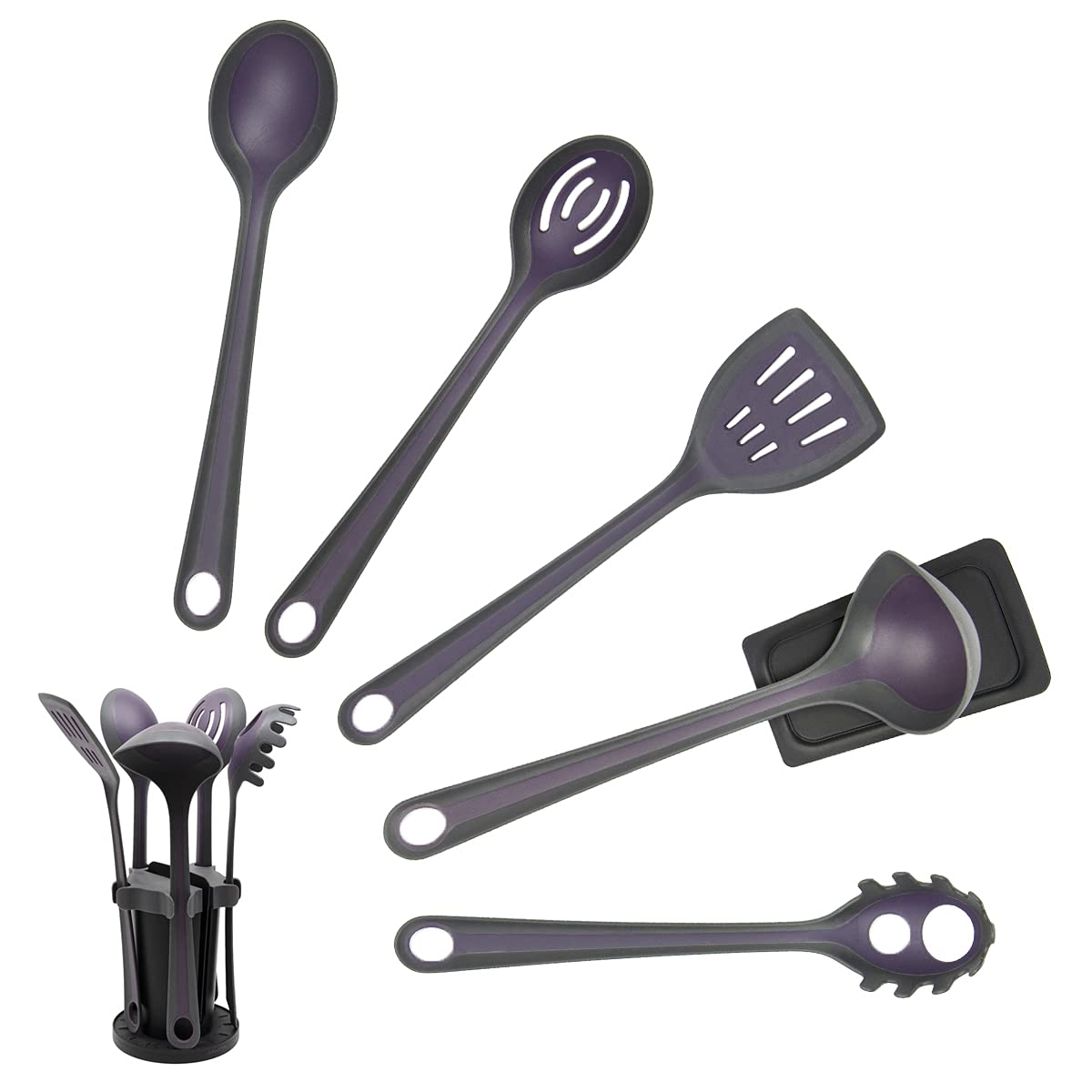 Calitek Utensil Set 5 Piece Nylon Kitchen Utensil Set Heat Resistant Anti Scratch and Non Stick Cooking Utensils with Rotating Stand and Spoon Rest (Purple)