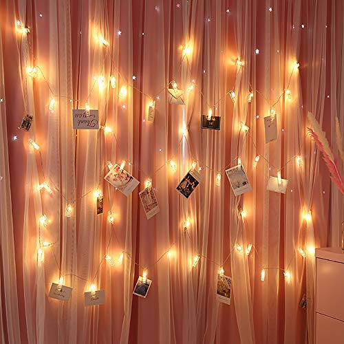 GHodec 40 LED Photo Clip String Lights/Holder,Battery Powered Bedroom Fairy Lights with 20-Clips for Hanging Pictures/Artwork/Decor(Warm White)