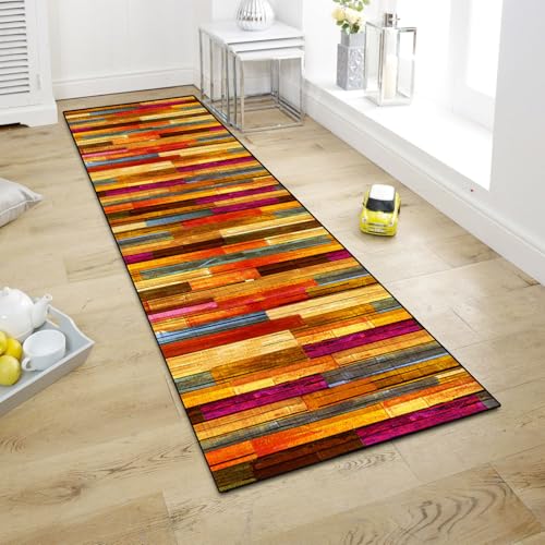 WTHYGB Teppich Läufer Flur Teppichläufer Küchenläufer Küche Teppiche rutschfest Waschbar Bettvorleger für Flur Waschküche, 60x200cm Rot Holzmaserung