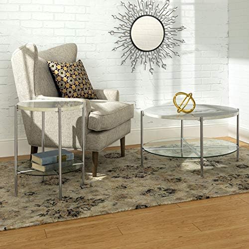 Offex 32" L 2-Piece Round Coffee Table Set - White Faux Marble/Chrome