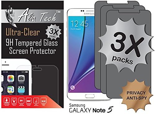 Note 5 Screen Protector, 3 Pack Alia Tech™ Privacy Anti-Spy Galaxy Note 5 Screen Protector, 0.25, Thin 2.5D, Samsung Galaxy Note 5 Screen Protector, Privacy Glass Screen Protector Galaxy Note 5.