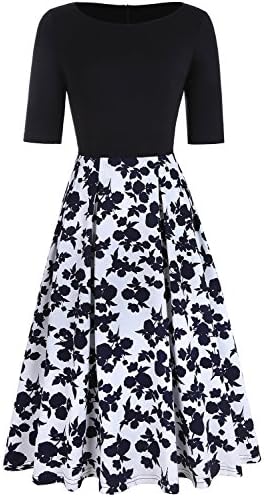 OLADY Women's Vintage Patchwork Half Sleeve Slim Fit And Flare Floral Swing Dress (XS, Black&White+navy floral)