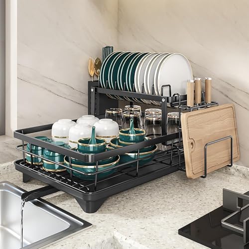 Azonee 2-Tier Dish Drying Rack for Kitchen Counter | Large Capacity Stainless Steel Dish Rack with Drainboard – Detachable Cutlery Holder, Rotatable Drainage | Black Kitchen Organizer for Plates,Bowls