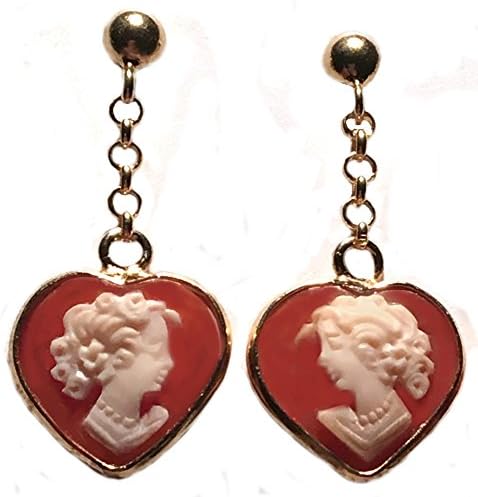 Earrings Dangle Post Back Cameo Italian Sterling Silver 18k Gold Overlay Carnelian Shell Heart Shape