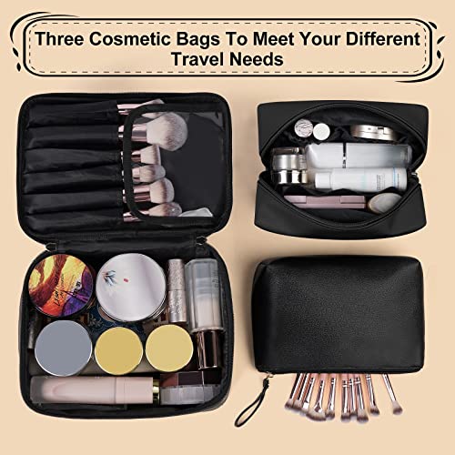 MAANGE Makeup Bag - Large Cosmetic Bag with 2pcs Small Makeup Bags Portable Leather Travel Makeup Bag Set Toiletry Bag Make Up Bags for Women and Girls, Black, 10.3''*7.1''*4.8'', Makeup Bag Set
