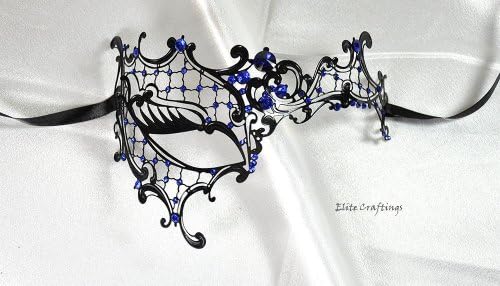 Luxurious Black Filigree Handcrafted Metal - Phantom Half Eye Masquerade Mask with Royal Sapphire Diamonds