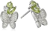 Rhodium Plated Sterling Silver Peridot and Created White Sapphire Butterfly Dangle Stud Earrings
