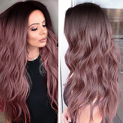 UHIBROS Long Wave Wigs With Bangs Purple For Women DarkSynthetic Long Wavy Hair Cosplay Heat Resistant Fiber Curly Hair 26inchs For Daily Party （Ombre Purple）