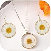 Grmpt Pressed Daisy Jewelry Set for Women 14K Gold Plated Daisy Flower Jewelry Set Daisy Earring Necklace Round Circle Resin Daisy Jewelry