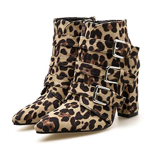 Sale! Teresamoon Women Snakeskin Pattern Toe Zip Belt Buckle Thick Pointed Booties Shoes Boots