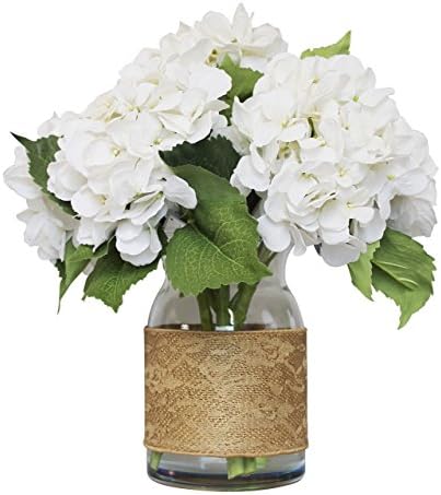 Holiday Centerpiece by MelroseFields Real Touch White Hydrangea in Glass Milk Jug Lightly Scented with Fragrance Oil