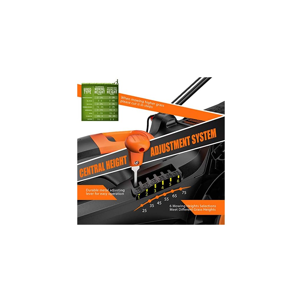 TACKLIFE Electric Lawn Mower, 14 Inch 10-Amp Lawn Mower, 6 Cutting