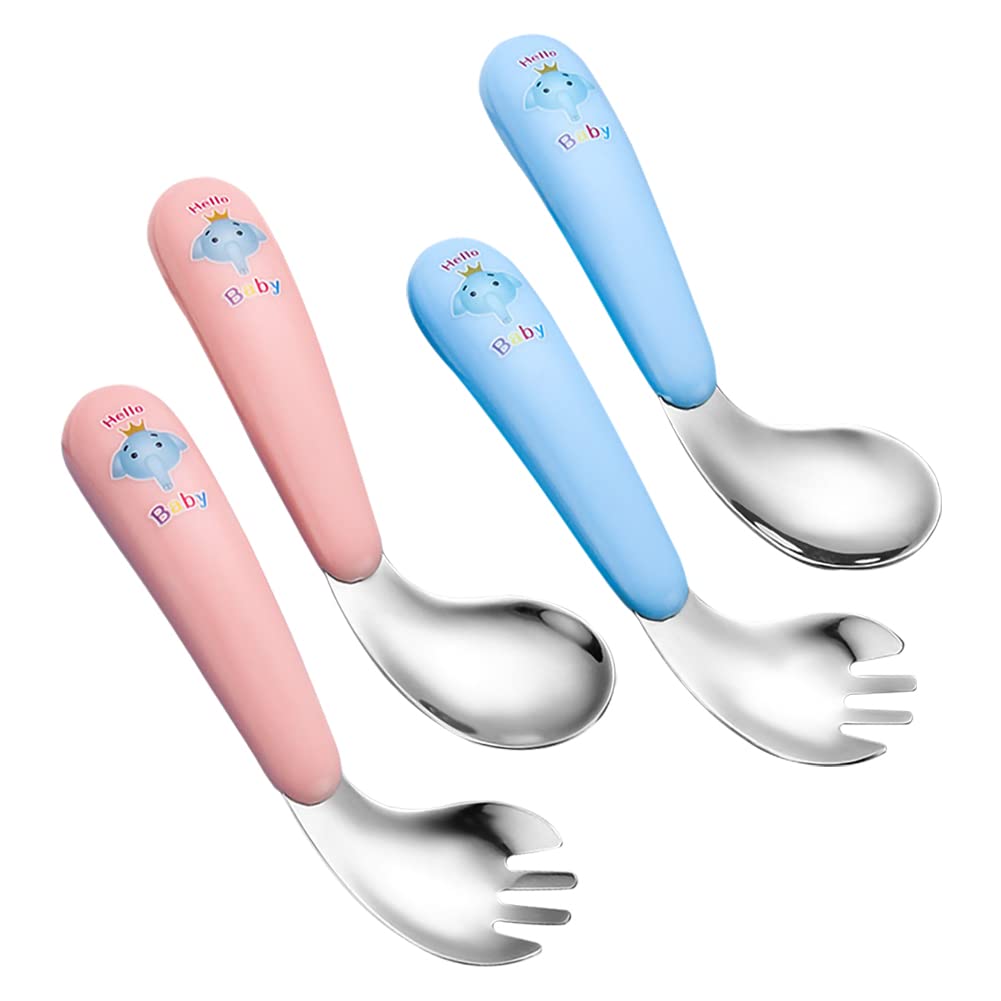 HUYIWEI 4pcs Stainless Steel Baby Toddler Flatware Set, ABS, Blue and Pink, Includes 2 Forks & 2 Spoons, Ergonomic Design, Cute Elephant Pattern, Safe for Babies, BPA-free, Hand Wash Only