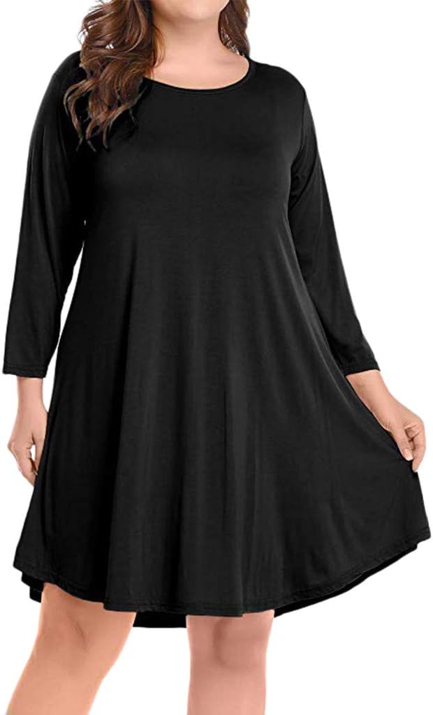 PASATO New Hot!Women's Plus Size Long Sleeve Solid Knee Length Dress Party Dress Pleated T Shirt Dress