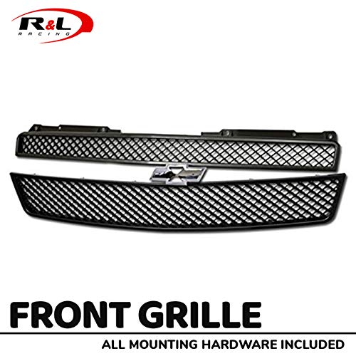 R&L Racing Matte Black Finished Front Grill Grille Luxury Sport Mesh Hood Bumper Cover ABS 2007-2014 For Chevy Avalanche Tahoe Suburban All Models MPN: GM1200596, GM1200563, GM1200590