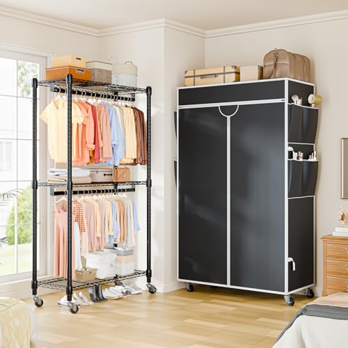 Himimi Coat Rack with Cover, Clothes Rack on Wheels, Heavy Load, Stable with Height Adjustable Shelf, Metal Open Wardrobe for Bedroom, 90 x 45 x 205 cm