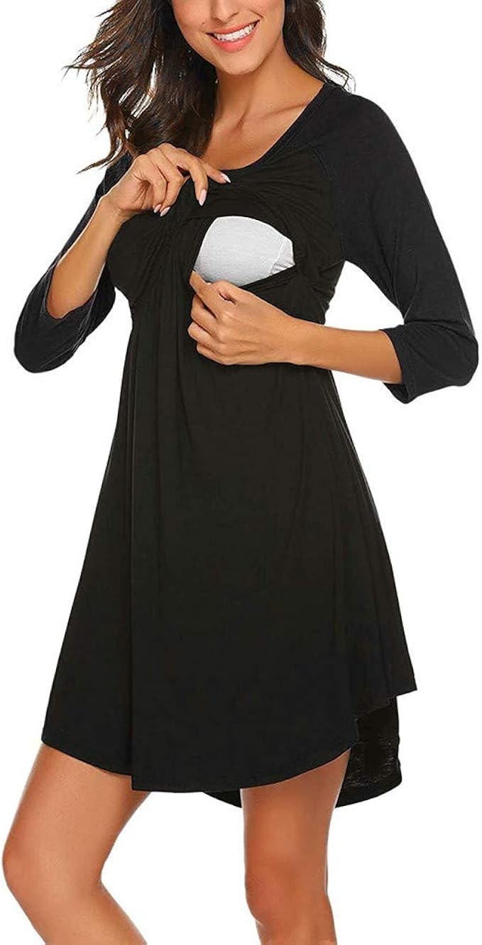Womens Maternity Nursing Nightgown Short Sleeve Breastfeeding Sleep
