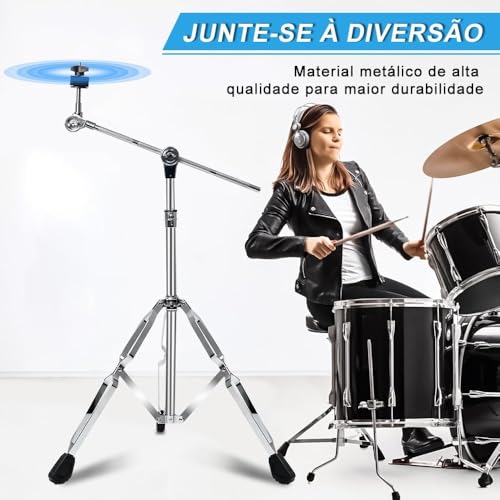Estante para Prato de Bateria, Pratos de Bateria, Estante Prato, Estante Prato Bateria, Estante Girafa Bateria, Pedestal para Prato de Bateria, Suporte Ajustável de 80-130cm, Estrutura em Ferro, Prata