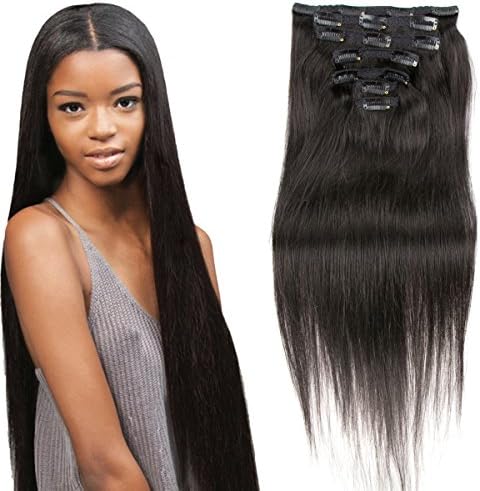 Natural Black Human Hair Clip In Hair Extensions 14" #1B Full Head Silky Straight Human Hair Clip In Hair Extensions 7pcs 80g/2.82oz