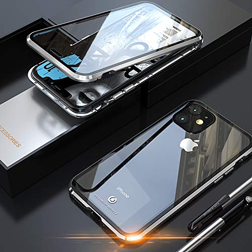 Case iPhone 11 PRO Max Magnetic Cover, Magnetic Adsorption Technology Metal Frame Case Aluminum [Front Back 9H Tempered Glass]360° Full Protection Ultra Slim Case for iPhone 11 PRO Max - Silver