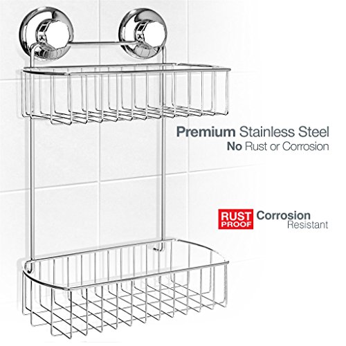 HASKO accessories - Shower Caddy with Suction Cup - 304 Stainless Steel 2Tier Basket for Bathroom - Rustproof (Chrome)