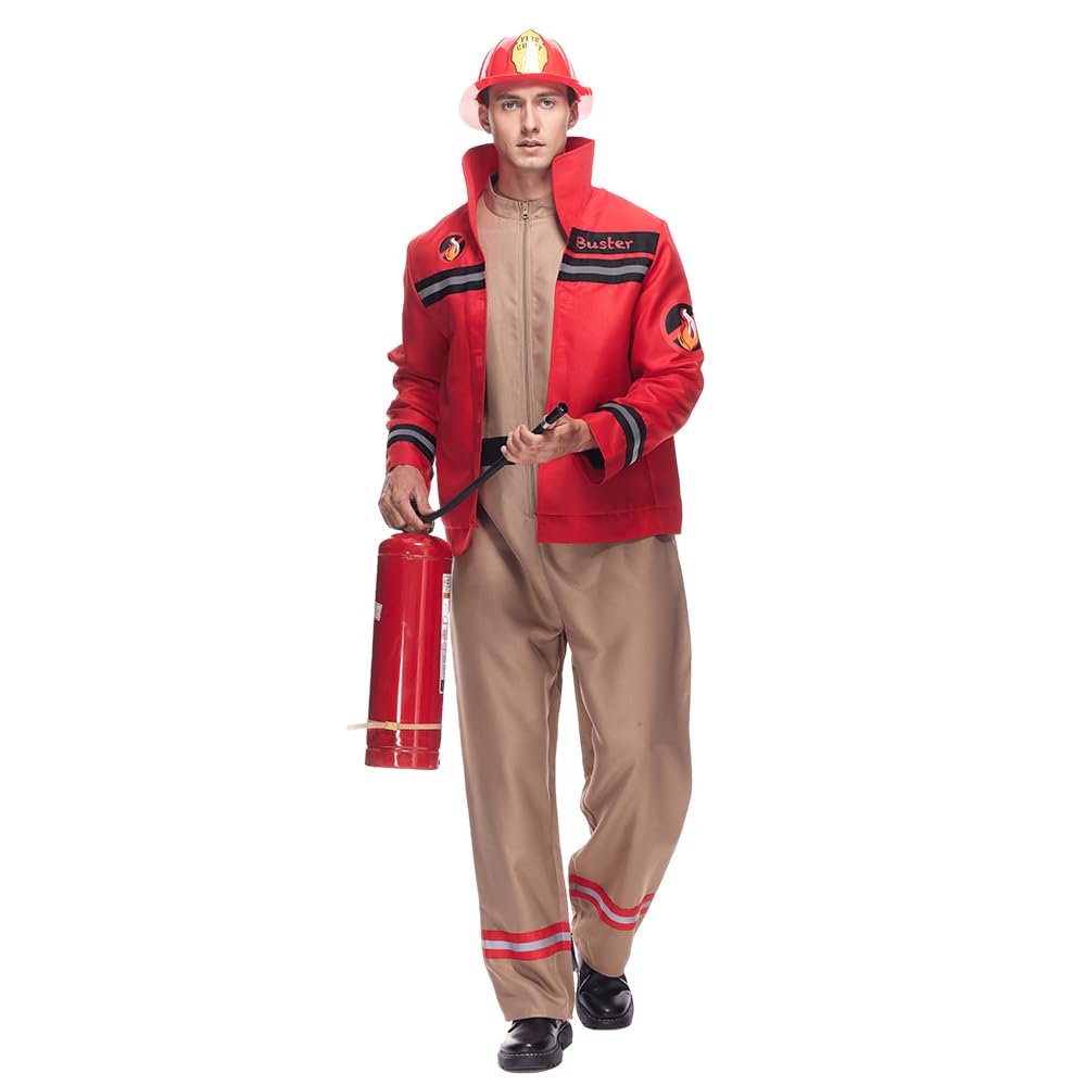 Photo 1 of EraSpooky Men's Firefighter Costume Novelty Adult Fireman Uniform with Helmet Multicoloured