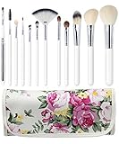EmaxDesign 12 Piece Professional Makeup Brush Set Goat Hair Wood Handle Foundation Blending Blush Eye Face Liquid Powder Cream Cosmetics Brushes Kits With Rose Pattern Case