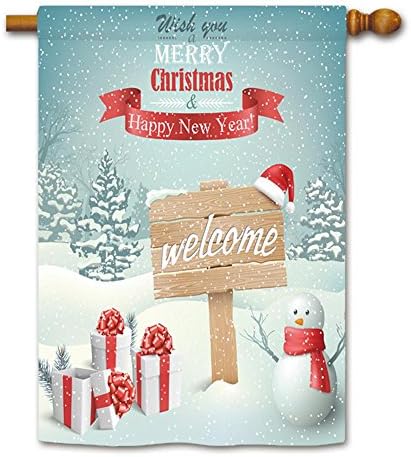 KafePross Winter Christmas with Wooden Signpost Snowman and Gift Boxes House Flag 28"x40"