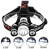 KAZOKU Bright Headlight Headlamp Flashlight Torch 3 CREE XM-L2 T6 LED with 4 PCS Rechargeable Batteries and Wall Charger for Hiking Camping Riding Fishing Hunting