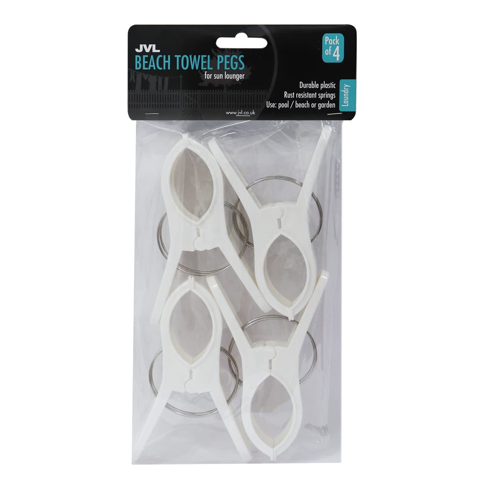 JVL Large Clamp Clip Beach Towel Pegs, Pack of 4, White, One Size (19-273WH)