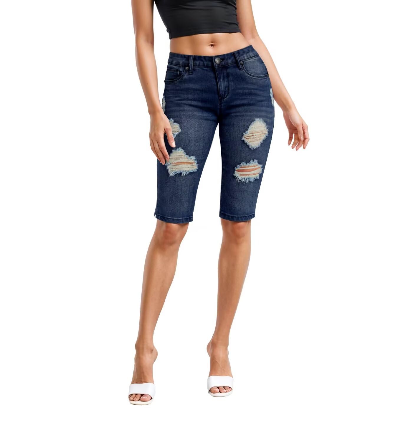 Photo 1 of & Company Womens Ultra Comfy Butt Lift Stretch Bermuda City Shorts with Pockets B37350 Darkwash 11